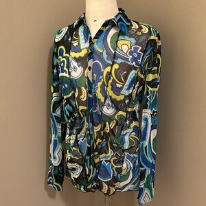 Erin London Blouse Green Blue Yellow Button Up Size Large